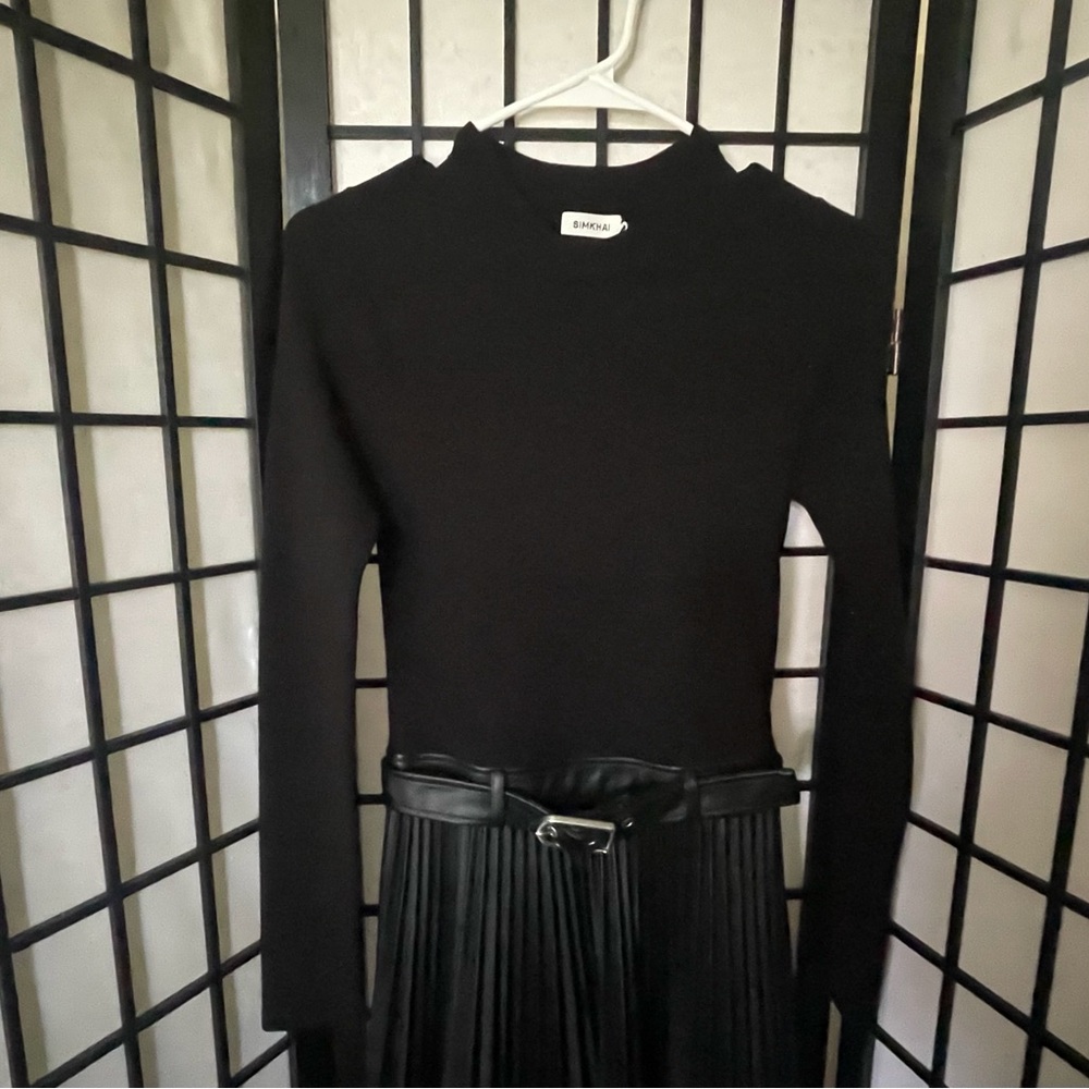Jonathan Simkhai Black Long Sleeve Knit Dress with Pleated Skirt